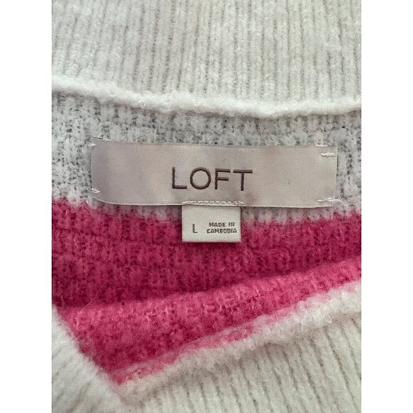 LOFT Pink and White Striped Fuzzy Warm Textured Shirttail Sweater Size Large - Picture 10 of 12